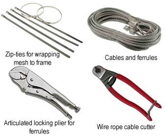 Four main tools required for mounting cable mesh to tubular frame including zip-ties, cables, ferrules, articulated locking plier, wire cable cutter.