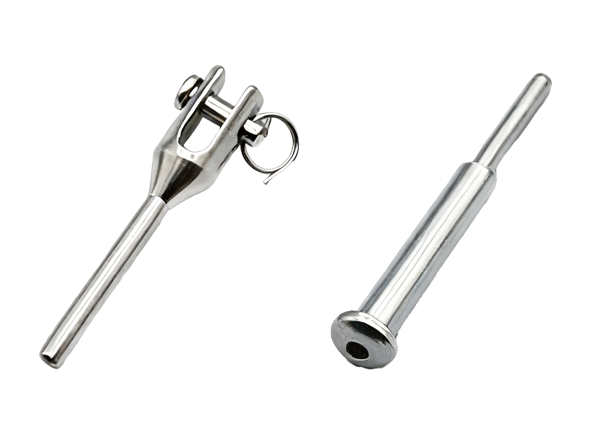 Two stainless steel swage terminals on a white background