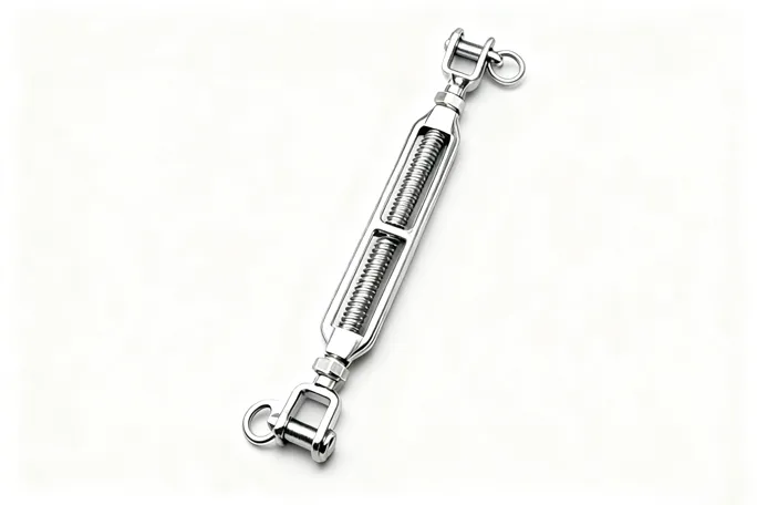 Open stainless steel turnbuckle on a white background