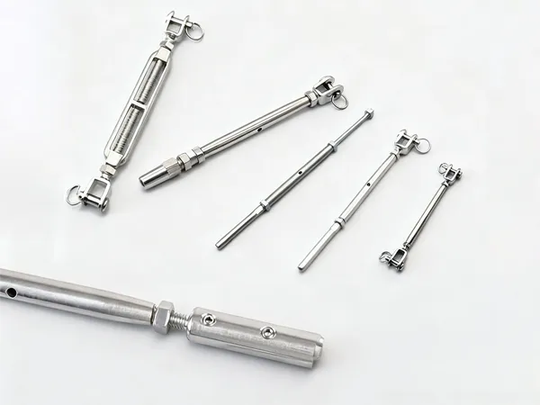 Different types of stainless steel turnbuckles on a white background