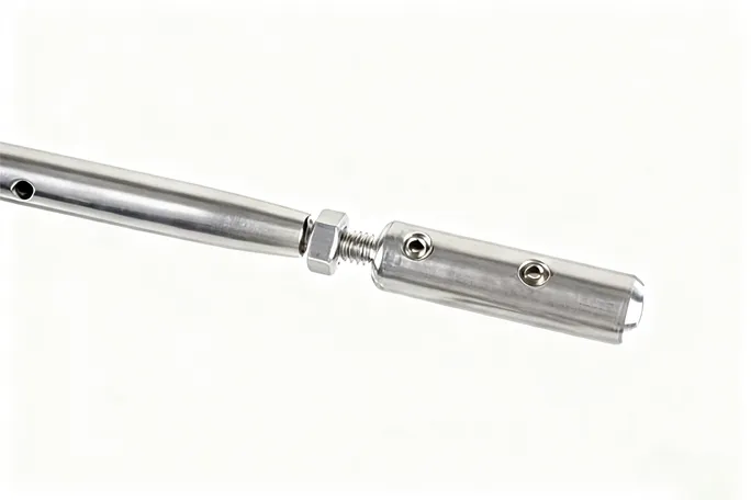 Closed stainless steel turnbuckle with jackscrews on a white background